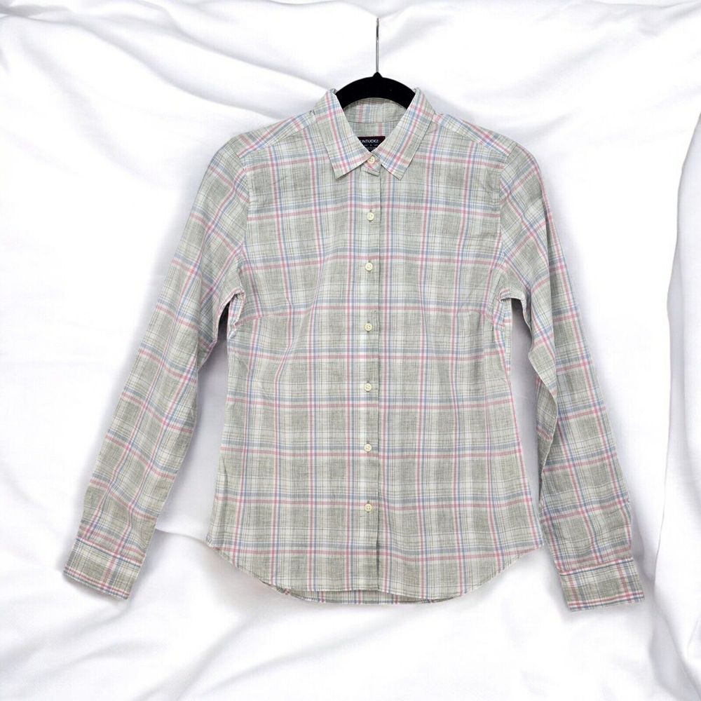 Untuckit Chasseles Shirt Womens Size 0 Gray Pink Plaid Button Up Long Sleeve NEW